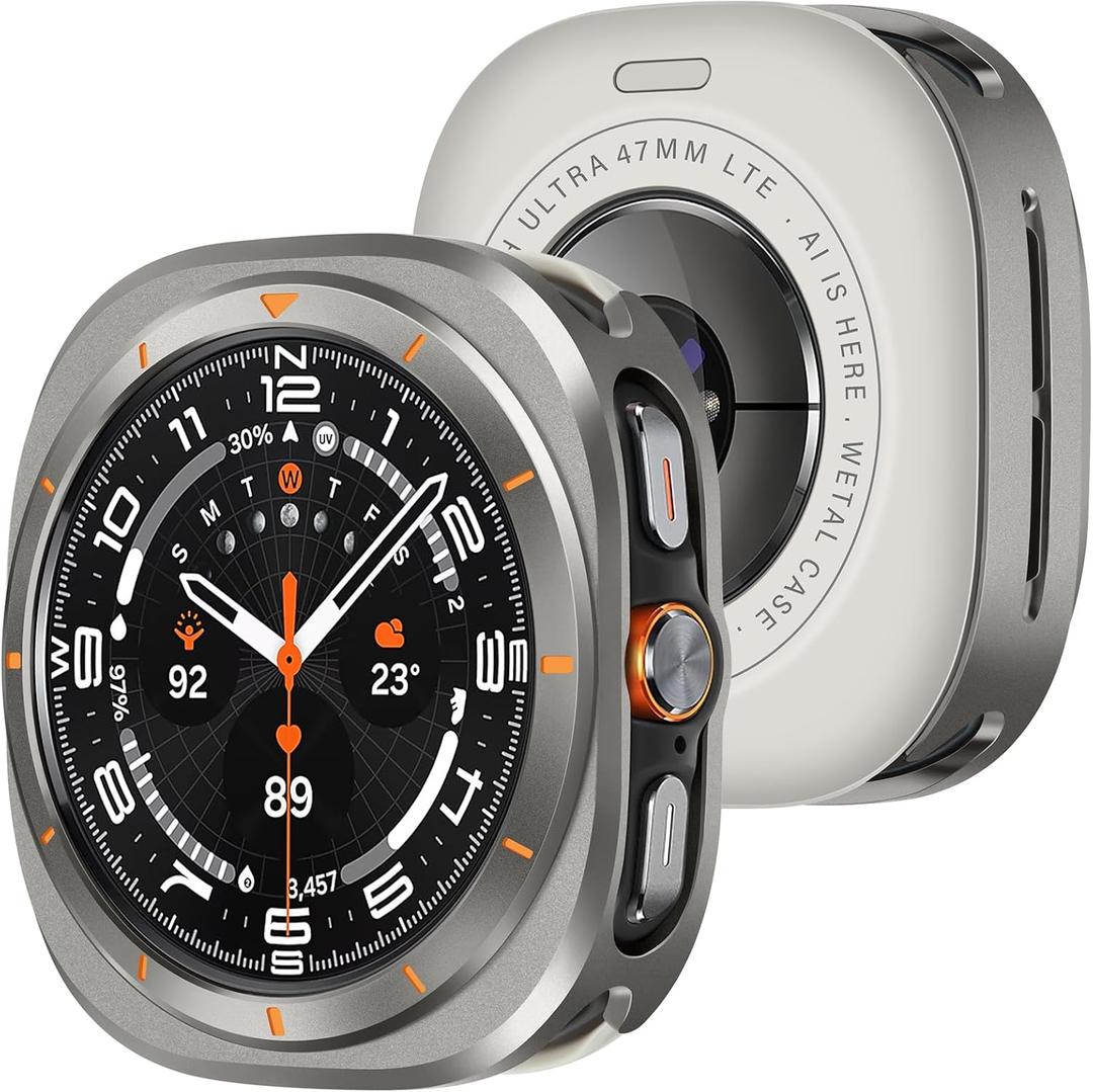 3 x Amizee Rugged Case Compatible with Samsung Galaxy Watch Ultra (2025/2024) 47mm with Back Cover, Metal Bumper Ultra Thin Shockproof Protective Cover for Galaxy Watch 7/8 Ultra, Gray/Orange