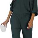 PRETTYGARDEN Two Piece Sets for Women Fall 2025 Ribbed Knit Off Shoulder Tops Lounge Pants Tracksuit Fashion Clothing (Small, Navy)