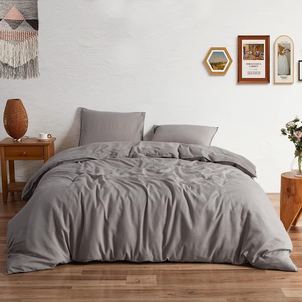 GIORCIS Linen Duvet Cover Set - Linen Cotton Blend Duvet Cover 3Pcs Natural French Flax Cotton Button Closure Comforter Cover Soft Breathable Durable with 2 Pillowcases (Grey, Queen/Full)