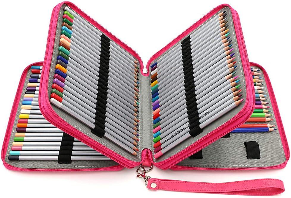 BTSKY Deluxe PU Leather Pencil Case For Colored Pencils - 120 Slot Pencil Holder with Handle Strap Handy Colored Pencil Box Large (Rose Red)
