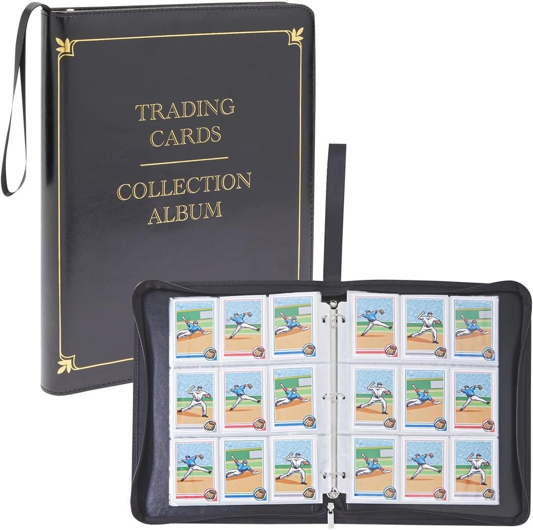 9 Pocket 3 Ring Leather TCG Binder for Baseball, Trading Game, and Sports Card, 30 Pages, Holds 540 Cards (14 x 11 In)