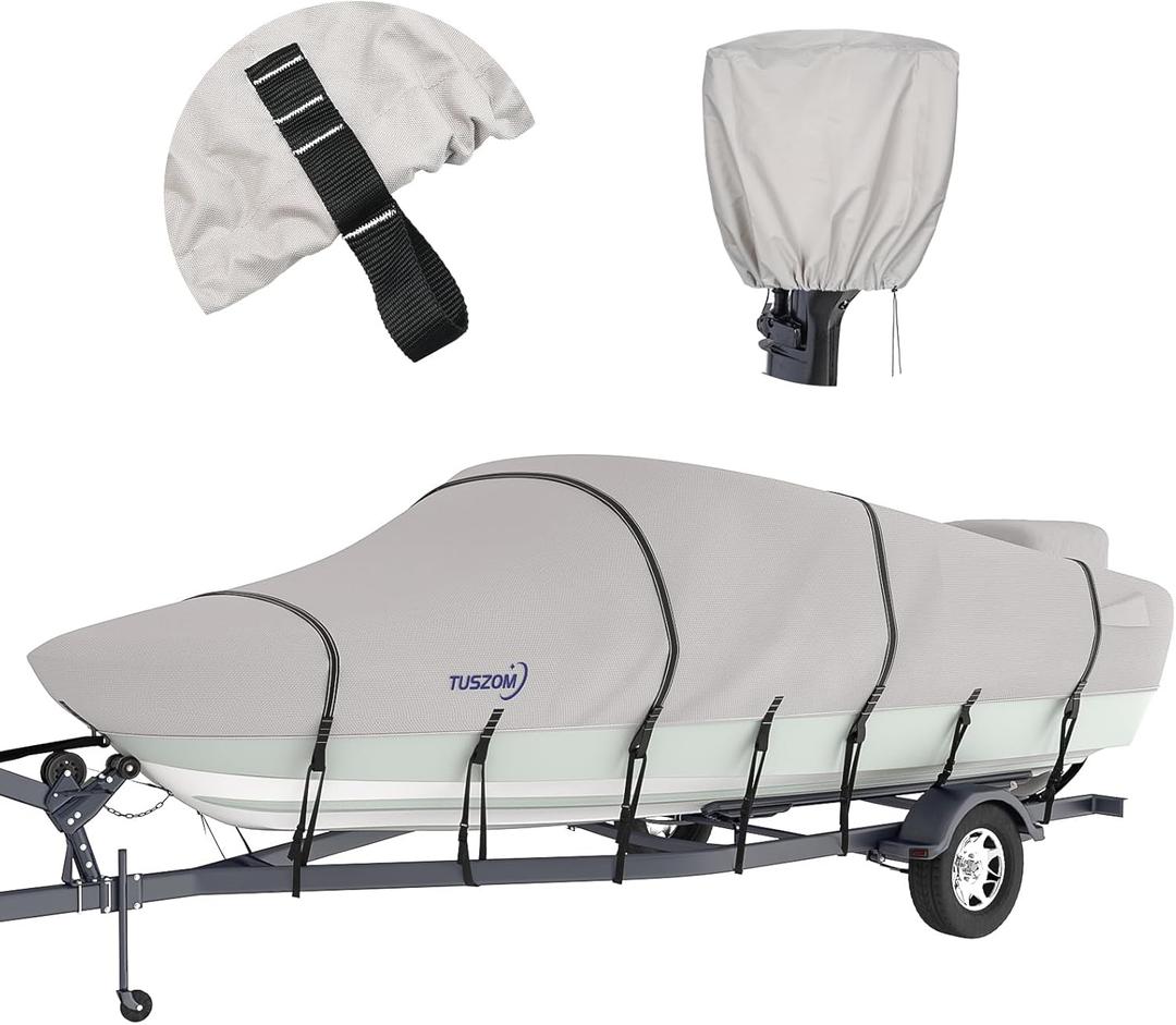 Tuszom True 900D Waterproof Boat Cover Trailerable Marine Grade Polyester Fits 20-22ft V-Hull, Bass, Runabout,Fishing,Ski Boat with Motor Cover,More Straps (Gray, 14' - 16' L, UP to 90" W)