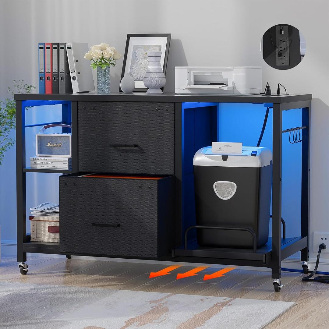 Lateral File Cabinet 2 Drawer with LED Light and Outlet, Rolling Filing Cabinets for Home Office, Mobile Shredder Printer Stand with Storage, Office Furniture for Letter Legal Size, Black
