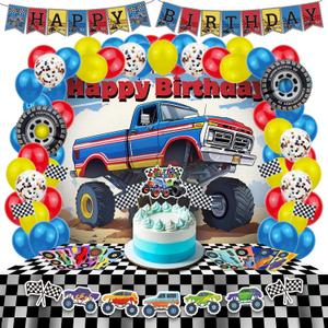 2 x Monster Truck Birthday Decorations - Cake Topper, Banner, Backdrop, Latex Balloons, Foil Balloons, Table Cover, Sticker Set,149Pcs Set, Monster Truck Party Decorations (Red and Blue)
