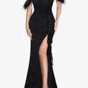 VFSHOW Womens Formal Prom Beaded Halter Neck Keyhole Maxi Dress Feather Cold Shoulder Ruffle High Slit Evening Gown S