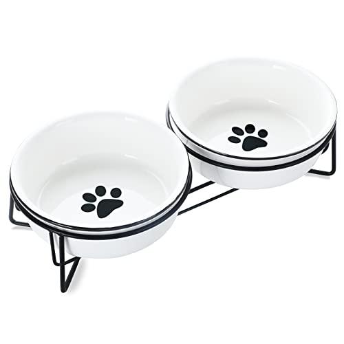 GDCZ Ceramics Raised Cat Bowls with Heighten Metal Stand,15 Ounces White