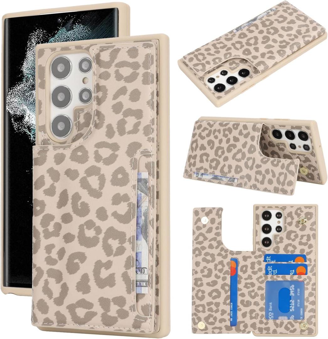 iCoverCase Compatible with Samsung Galaxy S22 Ultra Case with Card Holder, S22 Ultra Wallet Case for Women Men [RFID Blocking] PU Leather Protective Phone Case for S22 Ultra 5G (Beige Leopard)
