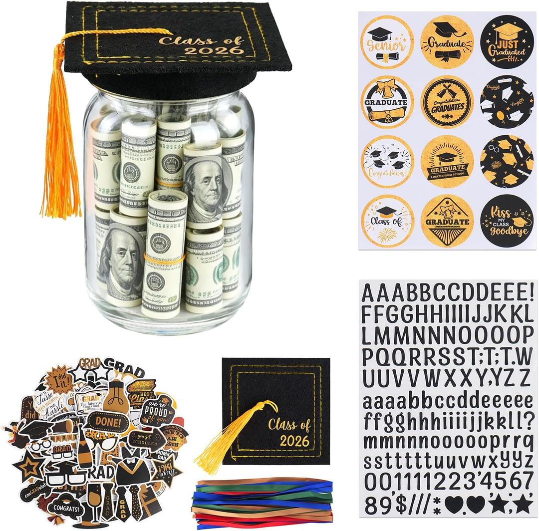 3 x 2026 Graduation Gifts, Personalized Name Graduation Mason Jar, Filled With Ribbon, 50pcs Stickers, Class Of 2026 Cap Kit, Congrats Decorations Party Supplies For Him Her Women Men College High School