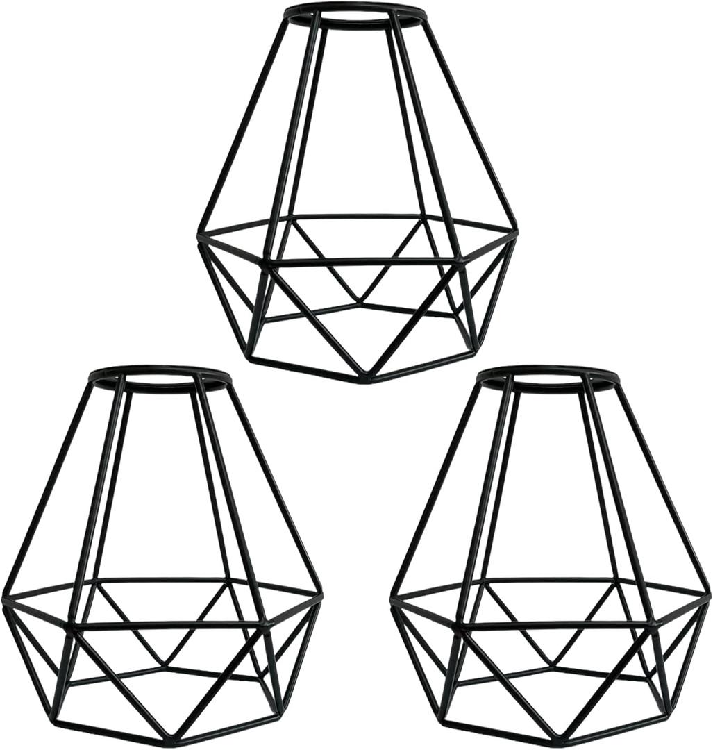 Pendant Light Shade Cage 3 Pack Black Metal Lamp Shades, Wire Geometric Vintage Edison Hanging Bulb Guard for Industrial Farmhouse Bedroom, Dining Room, DIY Lampshade
