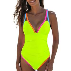 popvil Women's One Piece 2025 Tummy Control Swimsuits Neon Color Block Swimwear Deep V Neck Slimming Bathing Suit, M