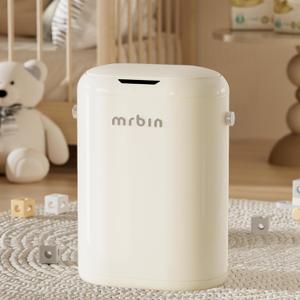 MRBIN Metal Motion Sensor Adsorption Diaper Pail Refills with Lid, 4.8gal / 18L Slim Covered Touchless Baby Adult Trash Can, Pet Litter Garbage Bucket for Nursery Bedside, Bathroom, Toilet, White