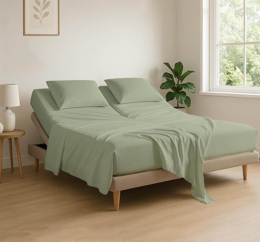 Cottingon 4 Piece Flex Head King Sheet Set, Top 34 Inch Split Sheets for Sleep Number Adjustable Beds, Soft Breathable 100% Egyptian Cotton, Fits Upto 16" Deep Mattress 78"X80"+ 34", Sage
