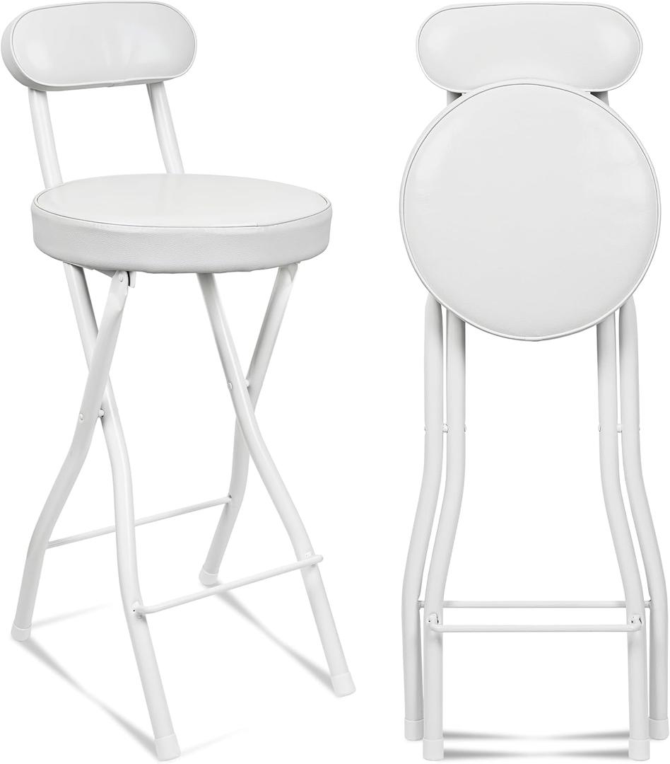 UWEAR Folding Bar Stool with Back,Tall Foldable Stool Seat Padded Portable Stools Counter Height Foldable Stools Chairs,Collapsible Stool for Adults Kitchen Island Guitar Barstools (White)
