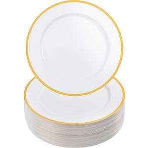 Goodluck 12 Inch White Charger Plates, 50 Pack White Charger Plates with Gold Trim, for Dinner Plates, Plastic Plates for Dinner, Wedding, Party, New Year