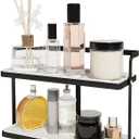 Bathroom Countertop Organizer for Small Spaces, 2-Tier Makeup Shelf with Vanity Tray, Tool-Less Installation Skincare & Perfume Organizer, Non-Slip Design for DresserWhite&Black (Black)