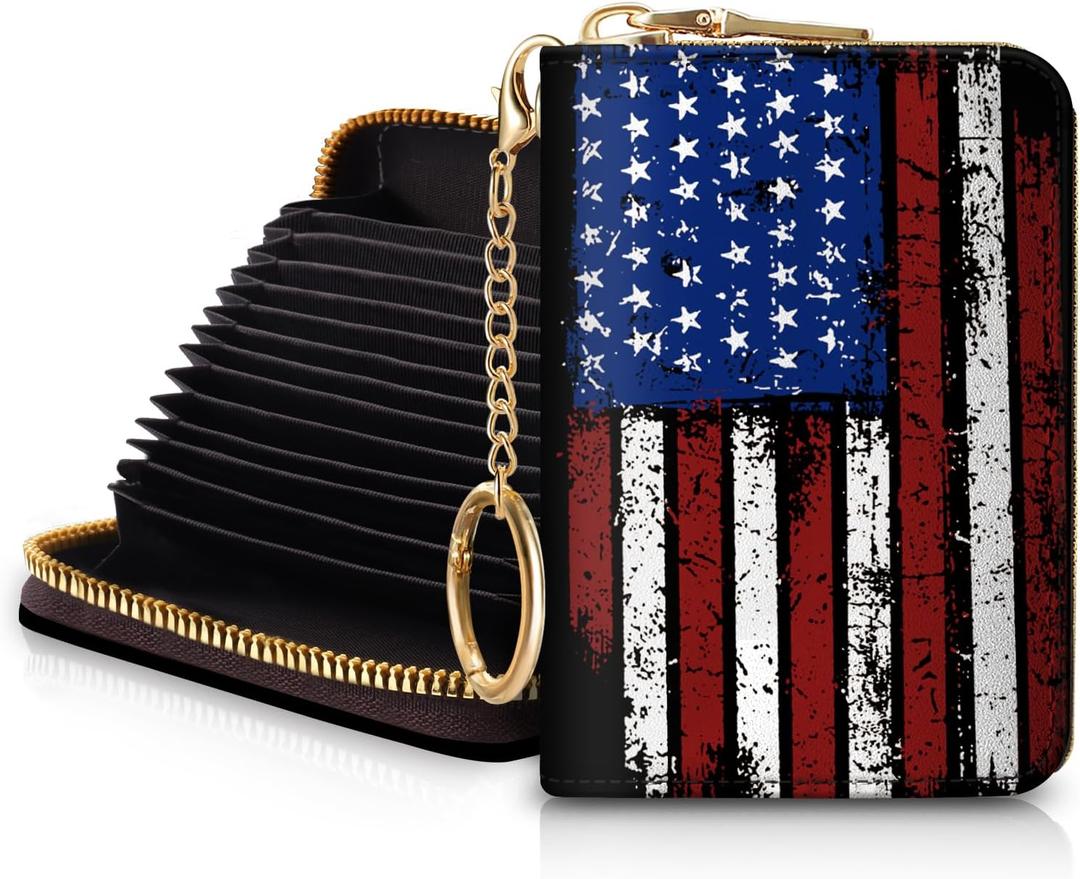 Blusabaca Women's RFID-Blocking American Flag Wallet, Leather, 12 Card Slots, 2 Coins, Zipper Closure, Waterproof