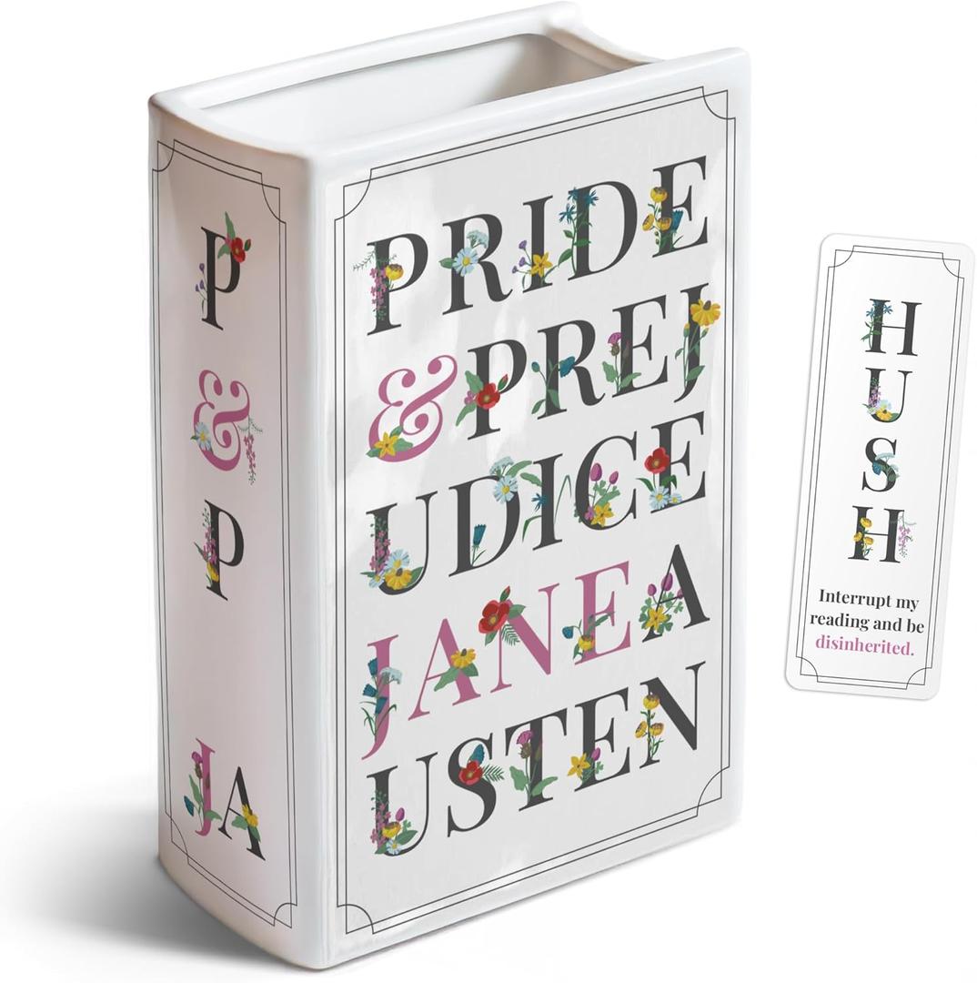 Hazel and Harolds Pride and Prejudice Book Vase Large Ceramic Flower Vase with Bookmark and Gift Box