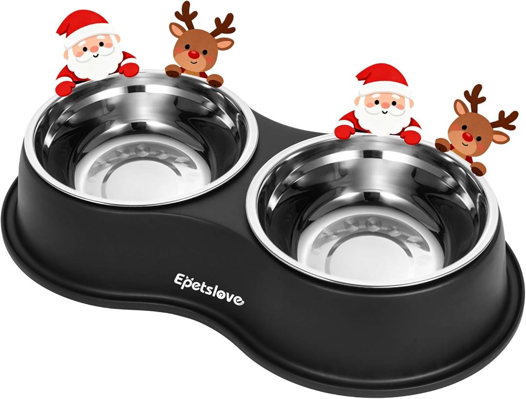 Dog Bowls Double Dog Water and Food Bowl Stainless Steel Bowl with Non-Slip Resin Station, Pet Feeder Bowls for Puppy Medium Dogs Cats (1.Black)