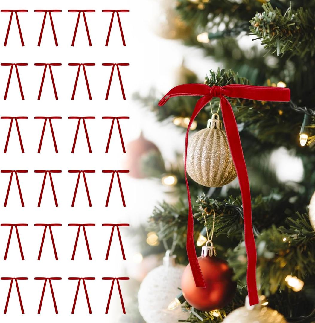 Utehilly Red Vintage Velvet Bows Decorations Small Ornaments for Christmas Tree, Garland, Wreath, Door, Outdoor (24 Pcs, 5 * 7 Inch)