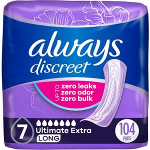 Always Discreet Adult Incontinence Pads for Women, Ultimate Extra Absorbency, Long Length, Postpartum Pads, 104 Count (Packaging May Vary)