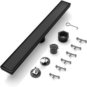 24 Inch Linear Shower Drain, Rectangle Shower Floor Drain Reversible 2-in-1 Tile Insert Cover, 304 Stainless Steel Bathroom Drains with Hair Catcher and Leveling Feet (Matte Black)
