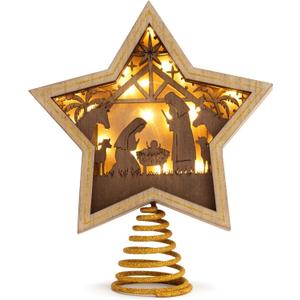 DEMDACO Gold Accented Wooden Star with Cutout Nativity Scene and Warm LED Shadow Box 10 x 8.5 Inches Christmas Tree Topper