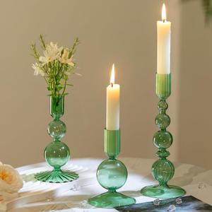 Hewory Glass Candlestick Holders Set: 3PCS Green Candle Holder Taper Candle Holders Bulk, Crystal Ribbed Candle Sticks Holder Decor for Table Centerpiece Wedding Christmas Thanksgiving Dinner