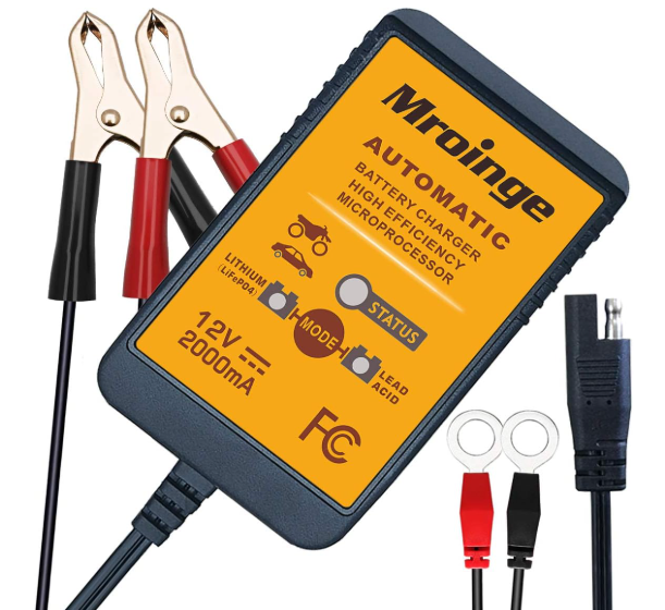Mroinge MBC022, 12V 2A Lead Acid & Lithium(LiFePO4) Automatic Trickle Battery Charger Smart Battery Maintainer for Car Motorcycle Lawn Mower Boat ATV SLA AGM Gel Lithium(LiFePO4) and More Batteries
