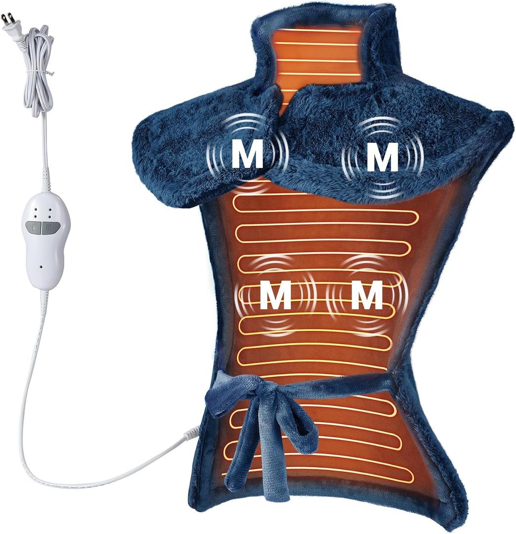 Massaging Heating Pad for Neck and Shoulders and Back, 24" x 35" Large Electric Heating Pad for Back Pain Relief with 3 Heat Levels, 4 Massage Settings, 2H Auto Shut-Off, 4 Massage Motors,Blue
