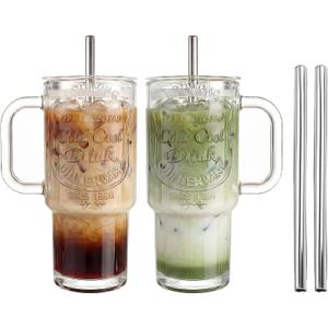 QWEZXO 18oz Glass Cup with Lids and Straws 2pcs Glass Tumbler with Handle, Wide-Mouth Ice Coffee Cup Resuable Mason Jar Drinking Glasses for Water, Smoothie, Milk, Cocktail & More