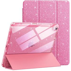 JETech Glitter Case for iPad Air 11-Inch M4/M3/M2 (2026/2025/2024), iPad Air 5/4 (2022/2020 5th/4th) with Pencil Holder, Cute Sparkly Slim Cover for Kids and Girls, Shiny Clear Back Shell (Pink)