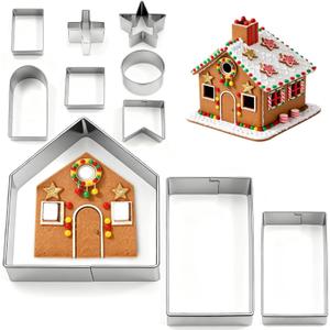 10Pcs Gingerbread House Cookie Cutters Set for Christmas Winter Holiday Baking and Decoration, Stainless Steel 3D Gingerbread House Kit for Kids Adults, Gift Package