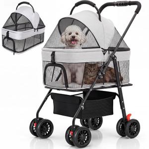 3 in 1 Pet Carrier Stroller with Detachable Carrier, Full Window Mesh, Large Storage Bag, Rear Brake,Foldable Dog & Cat Stroller for Small/Medium Dogs up to 33 lbs, One-Touch Folding and Storage