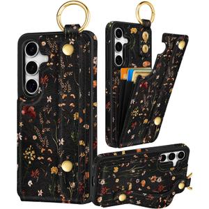 Petitian for Samsung Galaxy S25/S24 Case with Wallet - Women Girls Cute Girly Aesthetic Unique Design with Leather Credit Card Holder Cardholder Stand Wristband, Grow Flower
