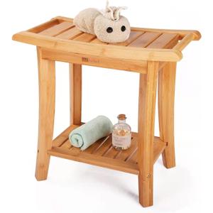 Unibambou Bamboo Shower Bench with Storage Shelf, Wooden Spa Bath Deluxe Organizer Shower Stool for Inside Shower, Bathroom Bench Seat for Adults Elderly Seniors for Indoor or Outdoor Use
