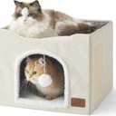 Bedsure Cat Beds for Indoor Cats - Large Cat Cave for Pet Cat House with Fluffy Ball Hanging and Scratch Pad, Foldable Cat Hideaway, 16.5x16.5x13 inches, Ivory (Single)