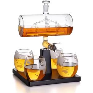 Boat Whiskey Decanter Set with 4 Glasses  1100ml Elegant Ship-in-Bottle Design on Wooden Base  Premium Glass & Wood, 310ml Glasses  Luxury Gift for Whiskey Lovers, Office or bar