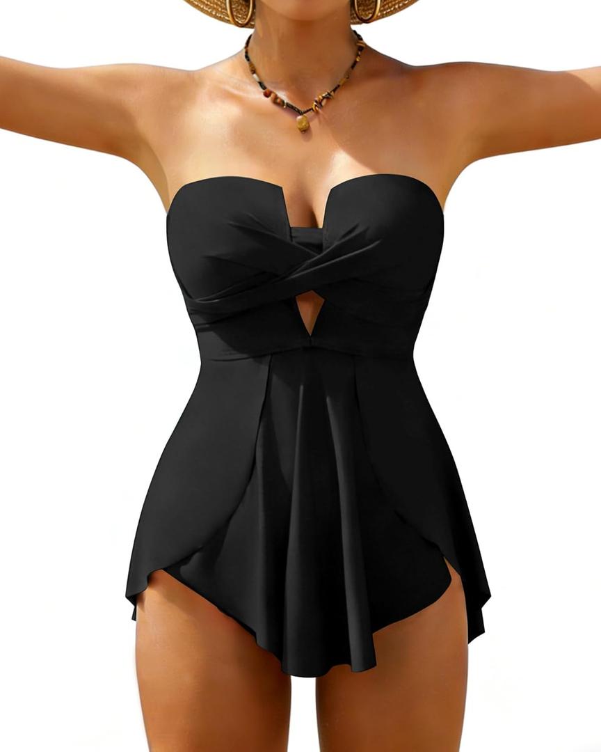 XUNYU One Piece Swimsuits for Women Bandeau Strapless Bathing Suits Tummy Control Modest Swim Dress Cute Teens Swim Suit 2026 (Black, XL)