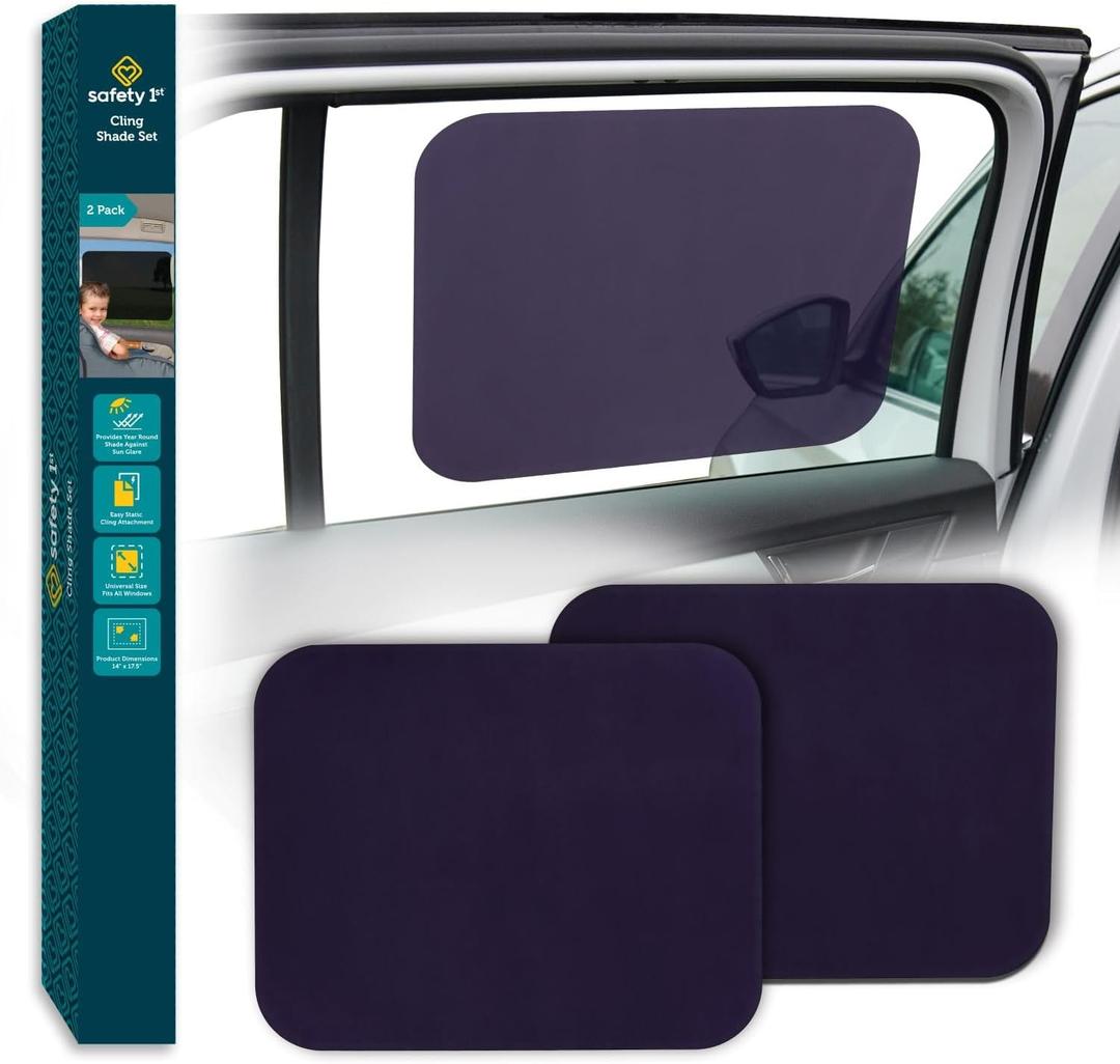 Safety 1st Cling Car Window Shades for Baby, Sun Blocker, Glare Shield and UV Protection for Your Child, Static Side Window Shade, Window Rolls Down Shade Stays On, Black Tint, Pack of 2