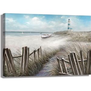 LAIART Canvas Wall Art Ocean Seascape Blue Painting Prints Modern Lighthouse Pictures Framed for Bedroom Bathroom Living Room Home Office Decor (16x24 in) (beach1)