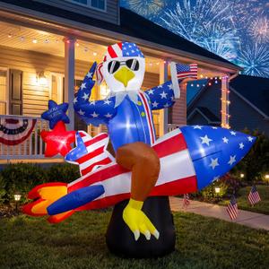 6ft Patriotic Independence Day 4th of July and Memorial Day Inflatable American Eagle on Rocket with Stars, LED Lighted Blow Up Decor for Home Yard Outdoor Indoor Decoration