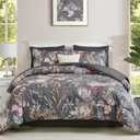 Luxudecor Floral Comforter Set Queen Bed in a Bag Set,7 Pieces Dark Gray Floral Comforter and Sheet Set,Soft Microfiber Bedding Sets for All Seasons (Dark Gray,90"X90")