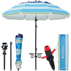 HOMEDEMO 7FT Beach Umbrella with Table & Anchor, Heavy Duty Windproof with UPF 50+ Sun Protection, Outdoor Umbrellas with Adjustable Aluminum Pole