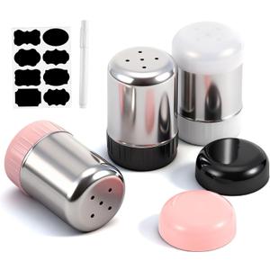3 Pack Salt and Pepper Shaker with Sticker Marker Moisture Proof Mini Salt Shaker Camping Picnic Outdoor Kitchen Travel Spice Lunch Boxes with Colored Lid Stainless Steel Airtight Dispenser