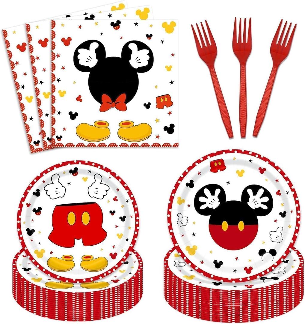 96 Pieces Red Mouse Tableware Set for Princess Happy Birthday Table Decorations Dessert Plates Napkins Forks for 24 Guests Boy Birthday Party Supplies