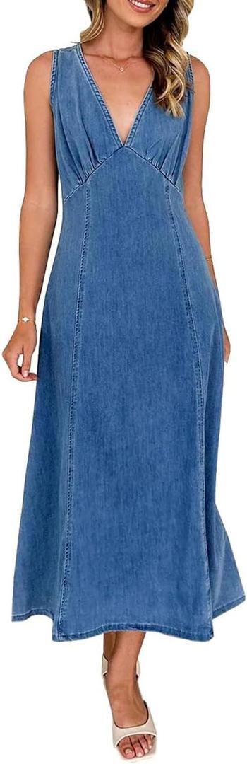 yoeasy Women's Summer Denim Dress Sleeveless V Neck High Waist Trendy Casual A Line Jean Maxi Dress (Blue) S