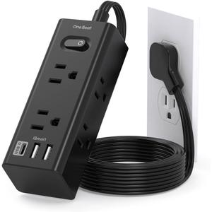 5Ft Extension Cord with Multiple Outlets, Flat Plug Power Strip Surge Protector with 5 Ft Long Cord, 6 Outlet 3 USB Ports (1 USB C), Multi Outlet Wall Plug for Travel, Dorm Room Essentials-Black
