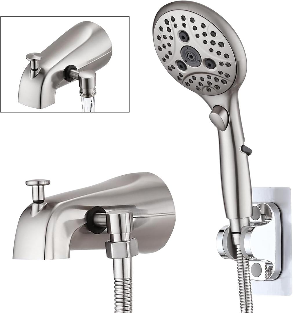 PROOX All Metal Tub Spout with Diverter, 6 Settings Hand held Shower with ON/Off Pause Switch, Bathtub Faucet with Sprayer Brushed Nickel