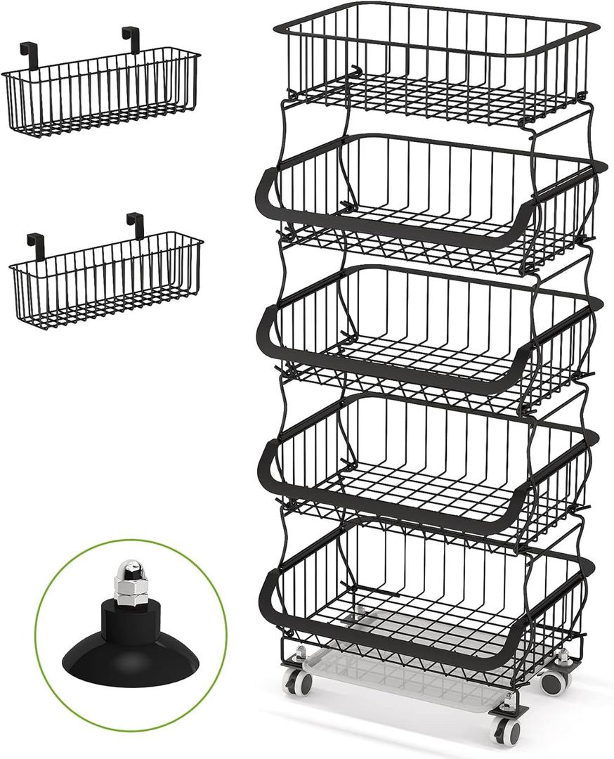 Fruit Vegetable Basket, 1Easylife 5 Tier Stackable Metal Wire Basket Cart with Rolling Wheels, Utility Rack for Kitchen, Pantry, Garage With 2 Free Baskets (Black)