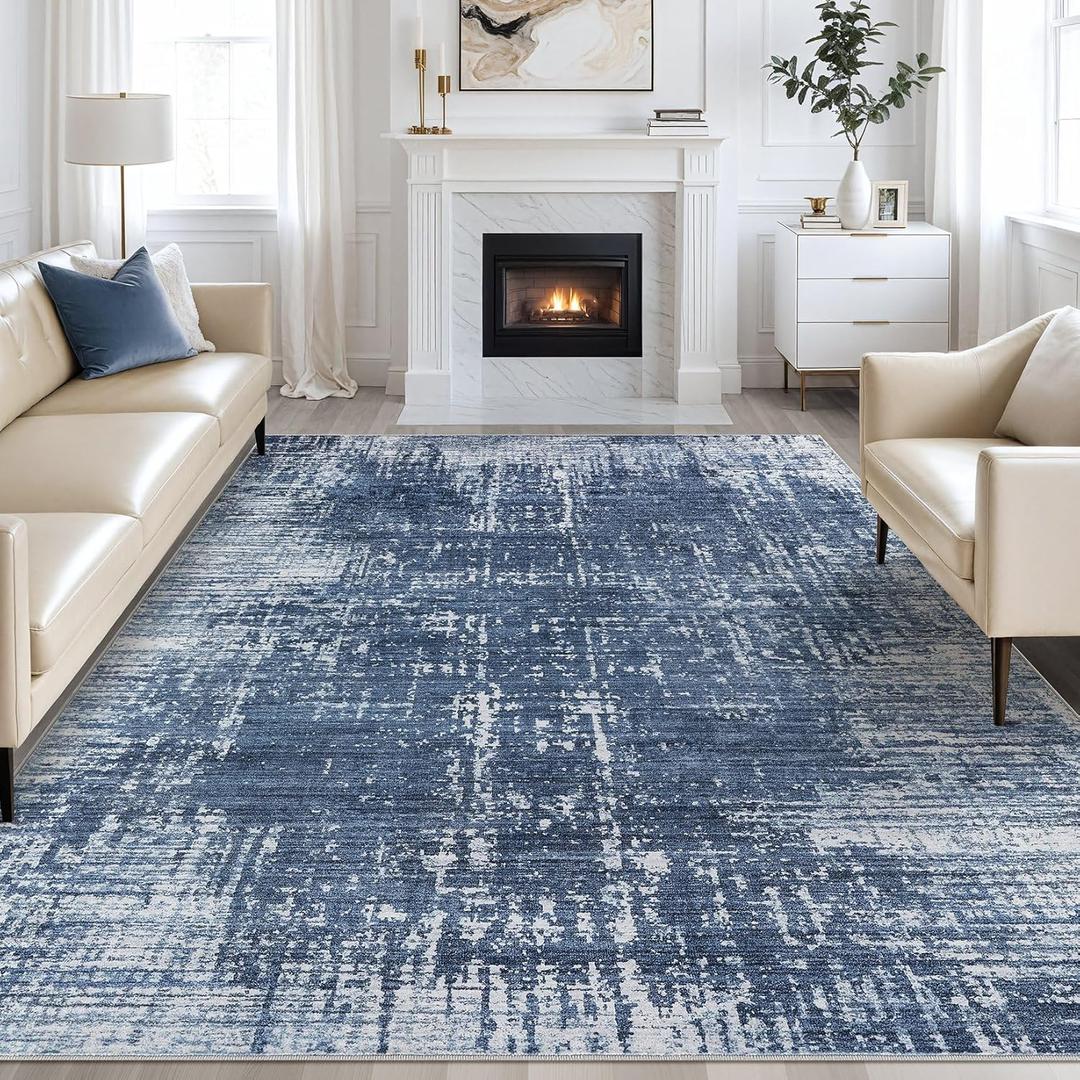 Abstract Living Room Rug 10x14 - Modern Washable Soft Thin Area Rug for Living Room Bedroom Under Dining Table - Neutral Indoor Floor Rug Carpets for Home Office Playroom Nursery - Dark Blue